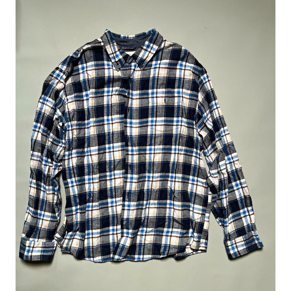 Weatherproof Vintage Men's XXL Blue Plaid Cotton Flannel Long Sleeve Button-Up